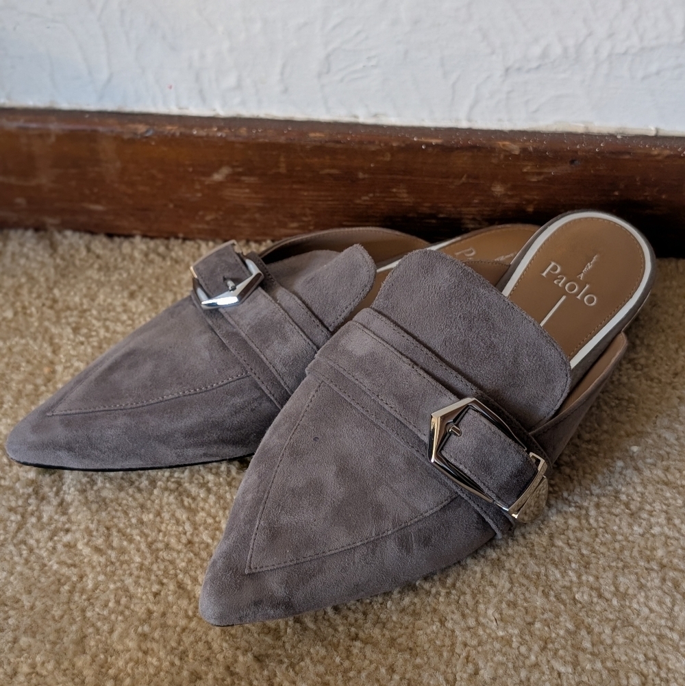 Paolo Grey Suede Pointed Toe Buckle Mule Size 8.5
